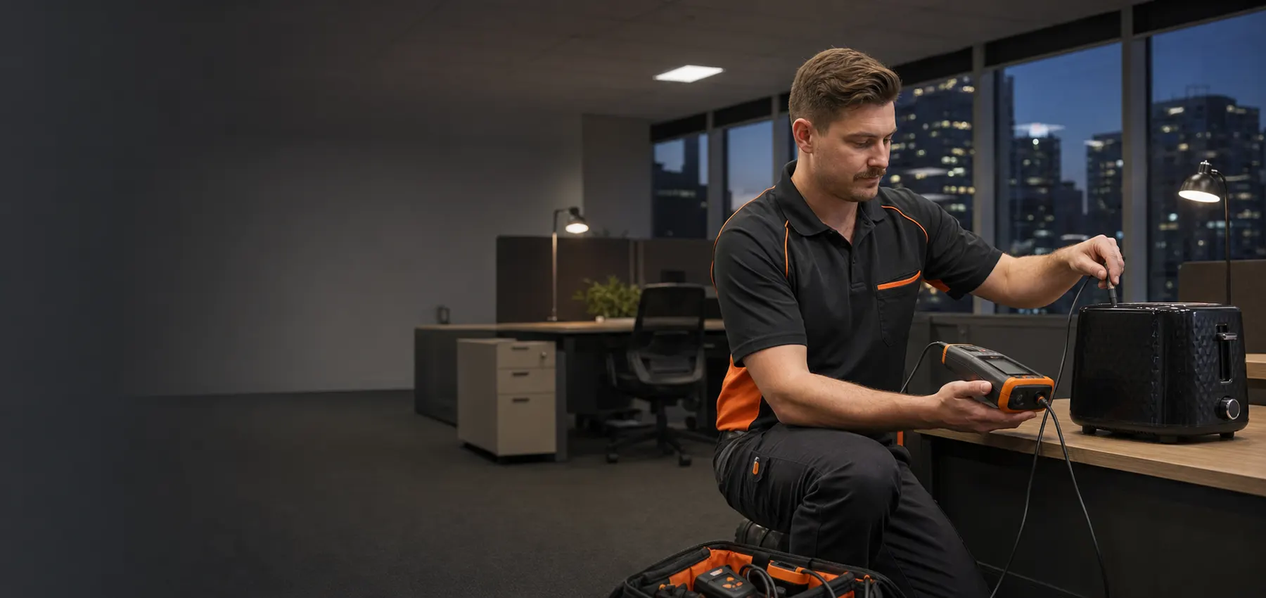 Technician carrying out electrical appliance testing in a quiet office after business hours