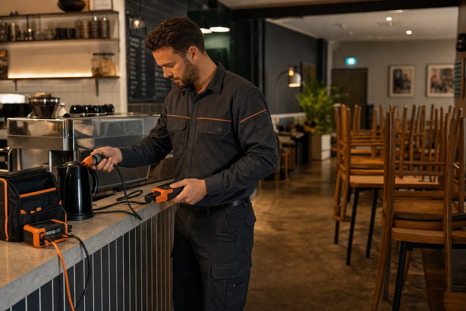 Technician testing plug-in equipment in a cafe after closing time